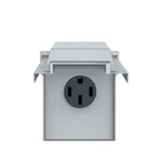 A gray electrical outlet box with a protective cover, shown from the front. The outlet has three slots and is designed for outdoor or heavy-duty use, making it an ideal companion for setups powered by a portable power station or solar generator like the Bluetti AC500.