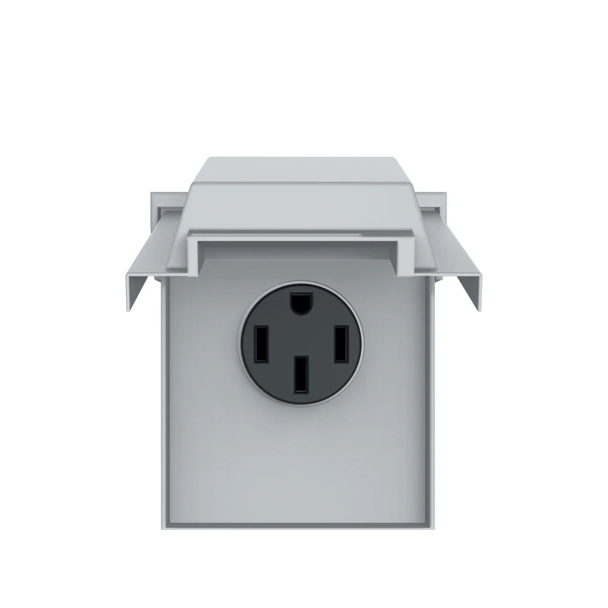 A gray electrical outlet box with a protective cover, shown from the front. The outlet has three slots and is designed for outdoor or heavy-duty use, making it an ideal companion for setups powered by a portable power station or solar generator like the Bluetti AC500.