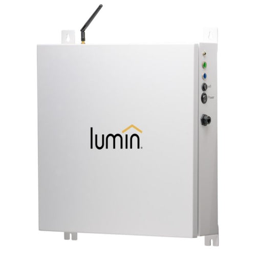 A white rectangular Lumin device with an antenna, indicator lights, control buttons on the right side, and smart circuit technology for advanced energy management is wall-mounted.