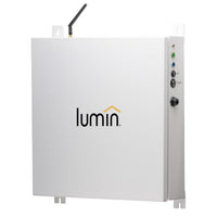 A white rectangular Lumin device with an antenna, indicator lights, control buttons on the right side, and smart circuit technology for advanced energy management is wall-mounted.