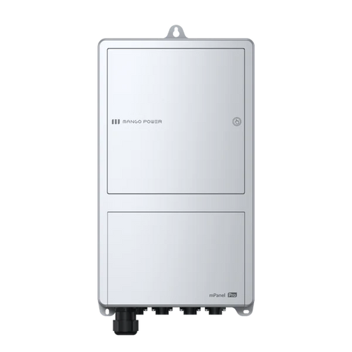 The Mango Power wall-mounted rectangular electrical panel features a sleek, minimalist silver design with a right-side lock, advanced LFP battery cells for reliable home backup, and multiple connection ports below.