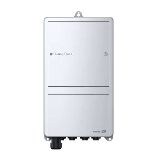 The Mango Power wall-mounted rectangular electrical panel features a sleek, minimalist silver design with a right-side lock, advanced LFP battery cells for reliable home backup, and multiple connection ports below.