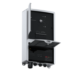 A gray Mango Power outdoor electrical control box with two open panel doors reveals its switches, circuit breakers, and ports inside. Mounted and ready for wiring, its ideal as a home backup solution.