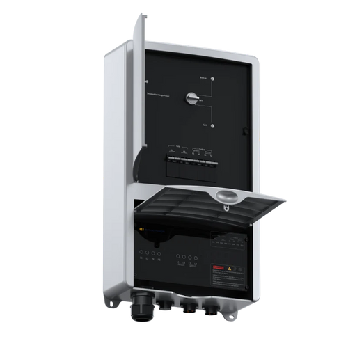 A gray Mango Power outdoor electrical control box with two open panel doors reveals its switches, circuit breakers, and ports inside. Mounted and ready for wiring, its ideal as a home backup solution.
