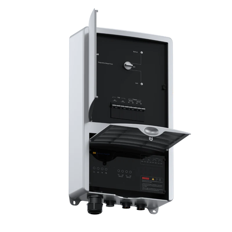 A gray Mango Power outdoor electrical control box with two open panel doors reveals its switches, circuit breakers, and ports inside. Mounted and ready for wiring, its ideal as a home backup solution.