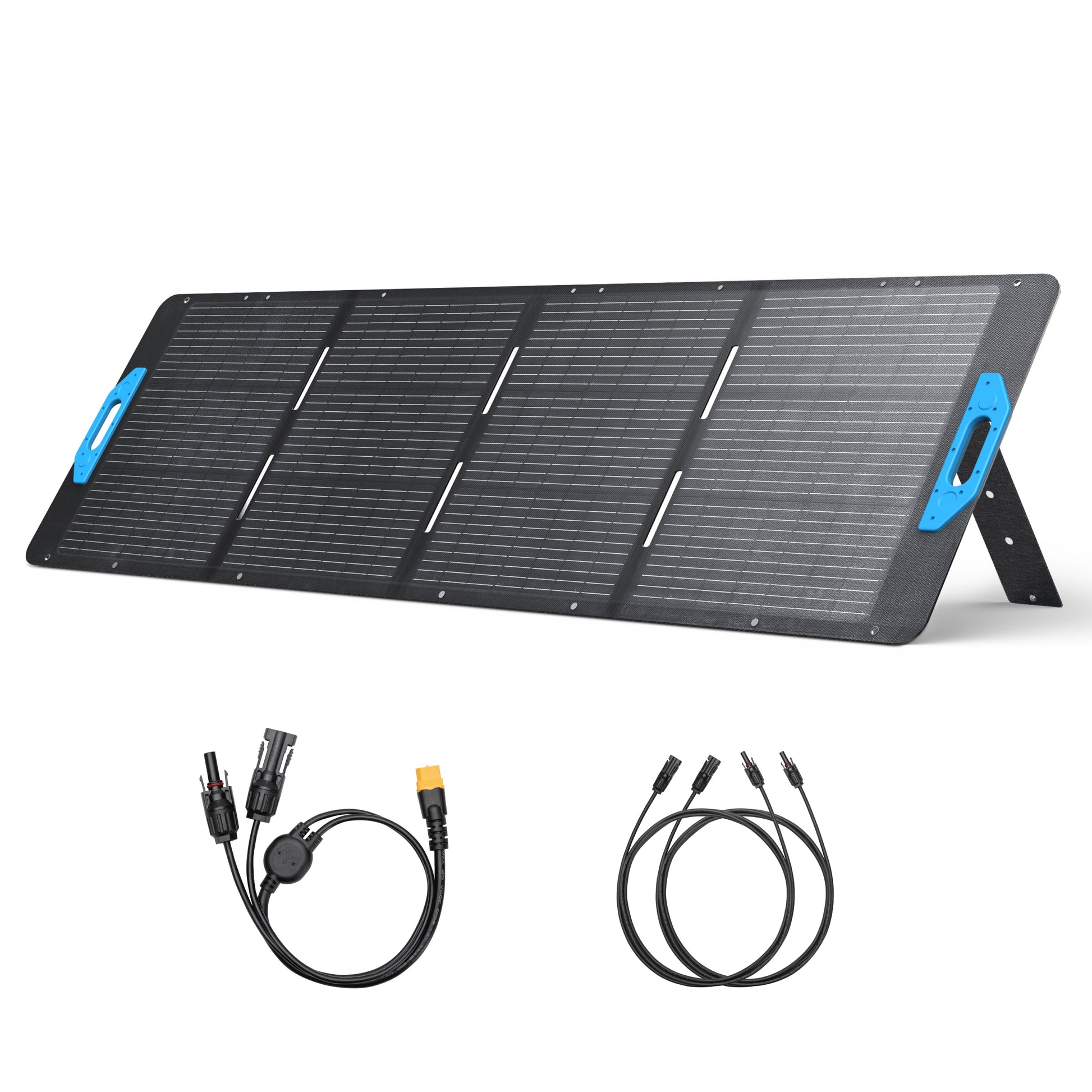 An Anker foldable solar panel with blue corner handles and solar input is propped on a stand. Below are two types of cables: one features multiple connectors, while the other has two identical plugs.