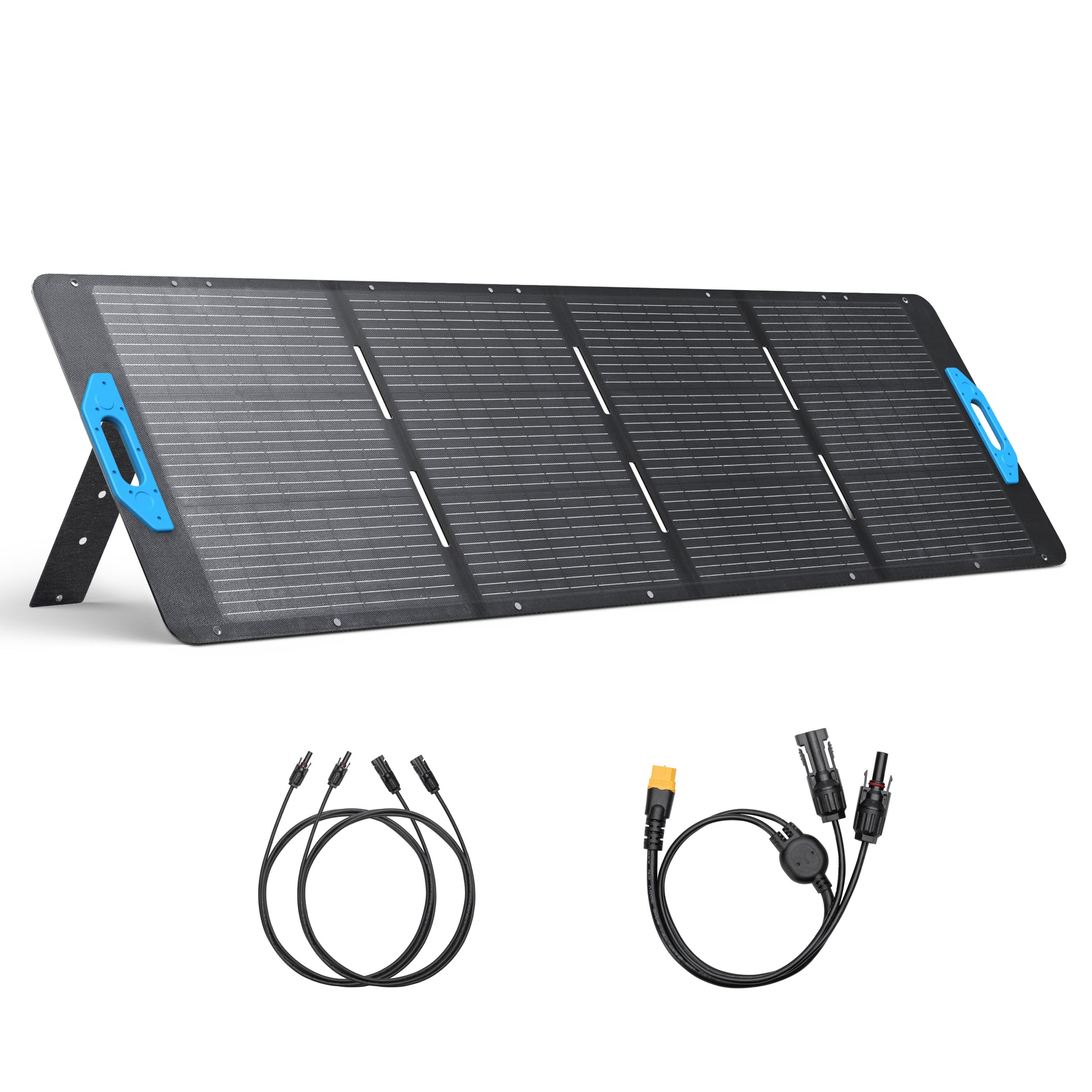 Anker’s foldable portable solar panel includes a stand and blue handles on each end. Below it are two sets of black power cables with multiple connectors for charging LFP batteries and fast energy conversion.