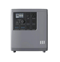 A Mango Power gray portable power station with LFP battery cells, AC outlets, USB ports, and a display showing power status and settings, set against a white background.