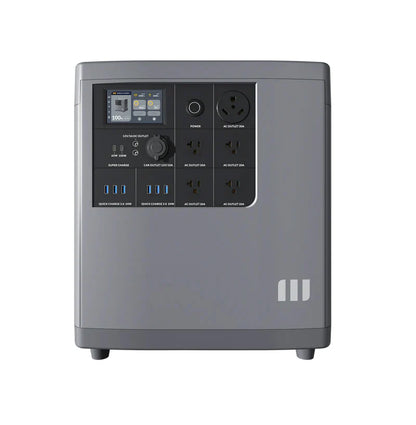 A Mango Power gray portable power station with LFP battery cells, AC outlets, USB ports, and a display showing power status and settings, set against a white background.