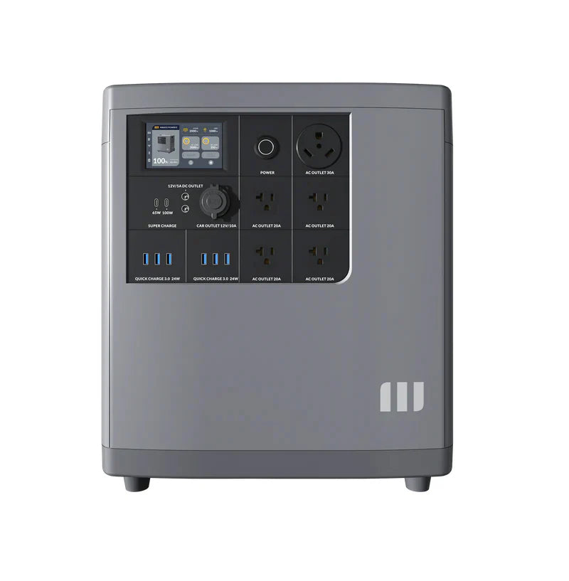 The Mango Power portable power station features LFP battery cells, a digital display, multiple USB ports, AC outlets, DC output, and a front power button—perfect for reliable portable use or as a home backup solution.