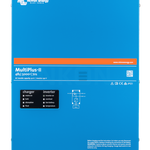 A blue BigBattery MultiPlus-II inverter/charger with black corner protectors and a subtle box shadow effect, model 48V 5000VA, displaying labels and status icons on the front panel.