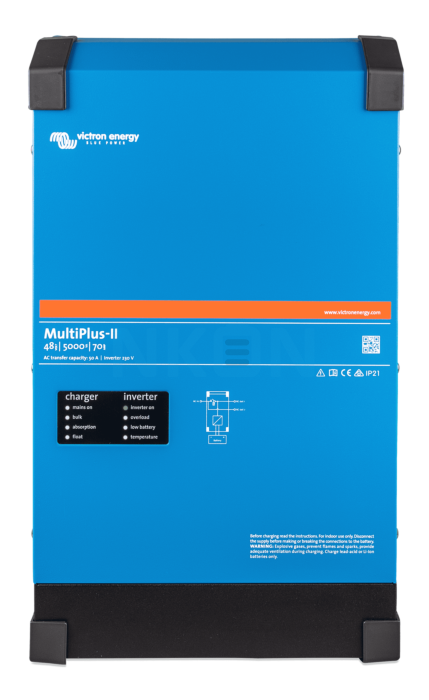 A blue BigBattery MultiPlus-II inverter/charger with black corner protectors and a subtle box shadow effect, model 48V 5000VA, displaying labels and status icons on the front panel.
