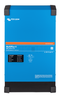 A blue BigBattery MultiPlus-II inverter/charger with black corner protectors and a subtle box shadow effect, model 48V 5000VA, displaying labels and status icons on the front panel.