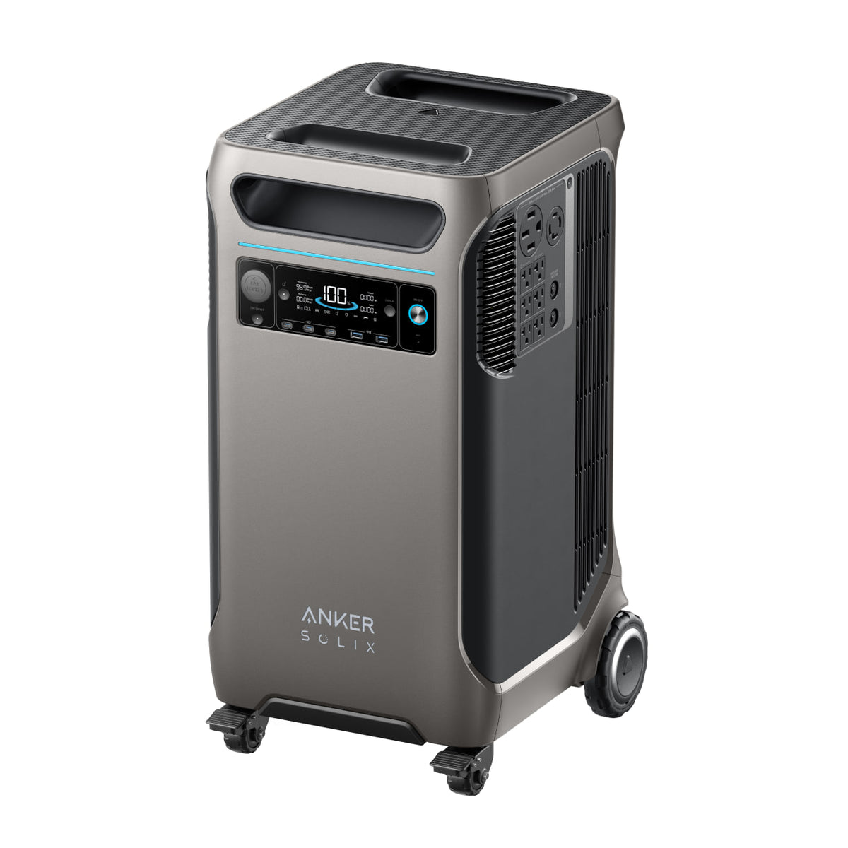 The Anker Solix F3800 is a gray power station featuring a digital display, control buttons, multiple outlets, solar input, expandable capacity, and wheels for easy transport.