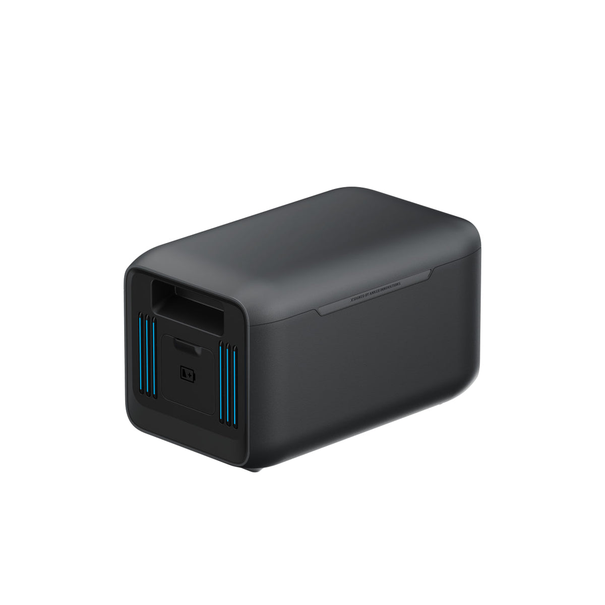 A black, rectangular Anker SOLIX BP1000X Expansion Battery with rounded edges, a USB port, and blue vent lines on one end is displayed against a plain white background.