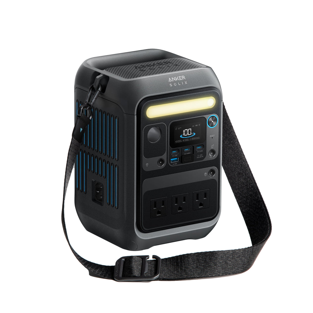 A portable black Anker 288Wh power station with a shoulder strap, LED light bar, display screen, control buttons, and multiple outlets—including three AC sockets—is shown on a white background. It also features smart app control.