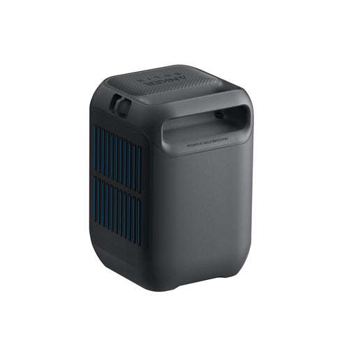 The Anker air purifier is black and rectangular with rounded edges, a built-in top handle for portability, and vertical blue vents on one side, shown against a white background.