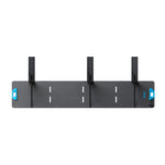 Anker’s black rectangular wall-mounted rack features three vertical metal arms with blue handles, evenly spaced slots for adjustable attachments, and is designed to boost energy conversion efficiency in solar panel setups.