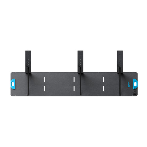 Anker’s black rectangular wall-mounted rack features three vertical metal arms with blue handles, evenly spaced slots for adjustable attachments, and is designed to boost energy conversion efficiency in solar panel setups.