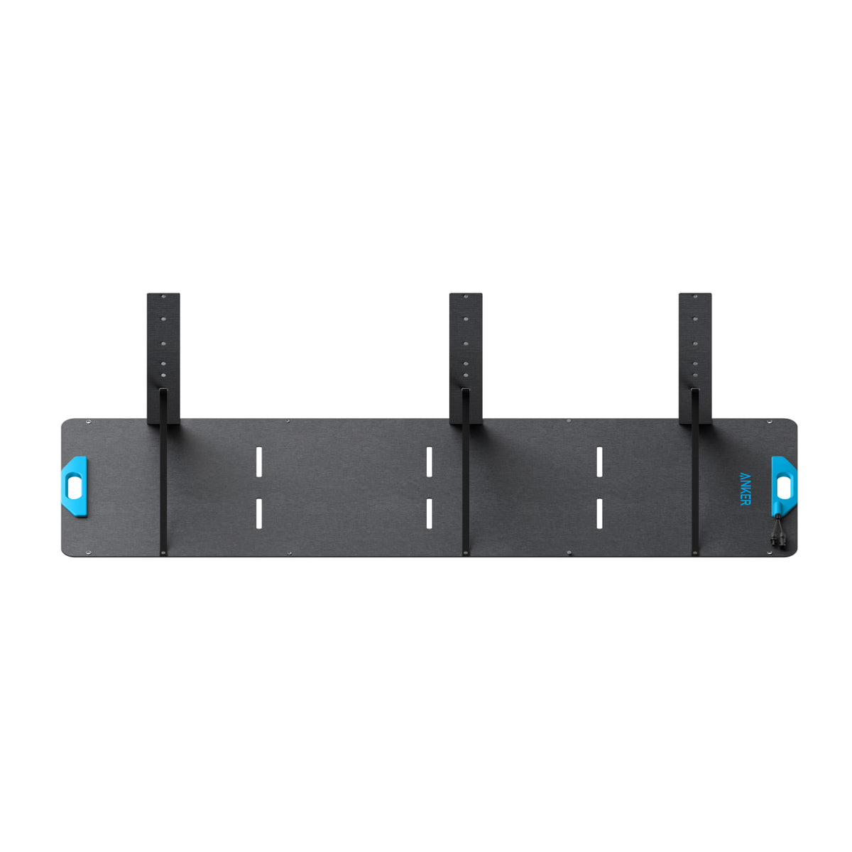 Anker’s black rectangular wall-mounted rack features three vertical metal arms with blue handles, evenly spaced slots for adjustable attachments, and is designed to boost energy conversion efficiency in solar panel setups.