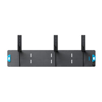 Anker’s black rectangular wall-mounted rack features three vertical metal arms with blue handles, evenly spaced slots for adjustable attachments, and is designed to boost energy conversion efficiency in solar panel setups.