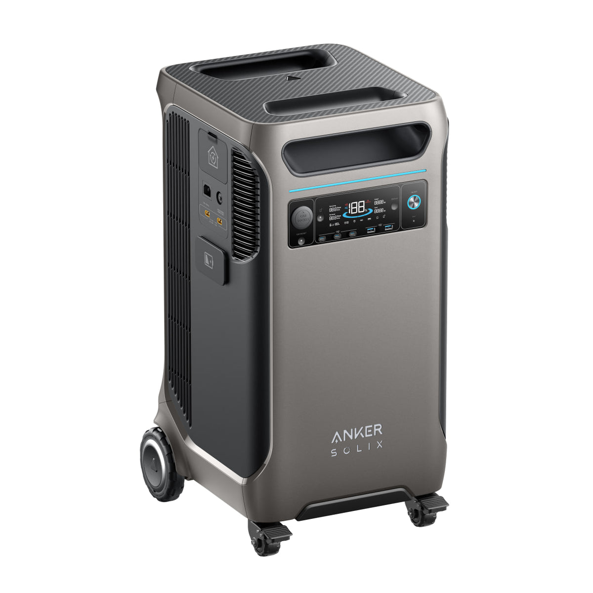 The Anker Solix F3800 is a portable power station with intelligent energy monitoring, a digital display, control buttons, multiple ports, side vents, wheels for easy transport, and an expandable capacity in a sleek gray rectangular design with rounded edges.