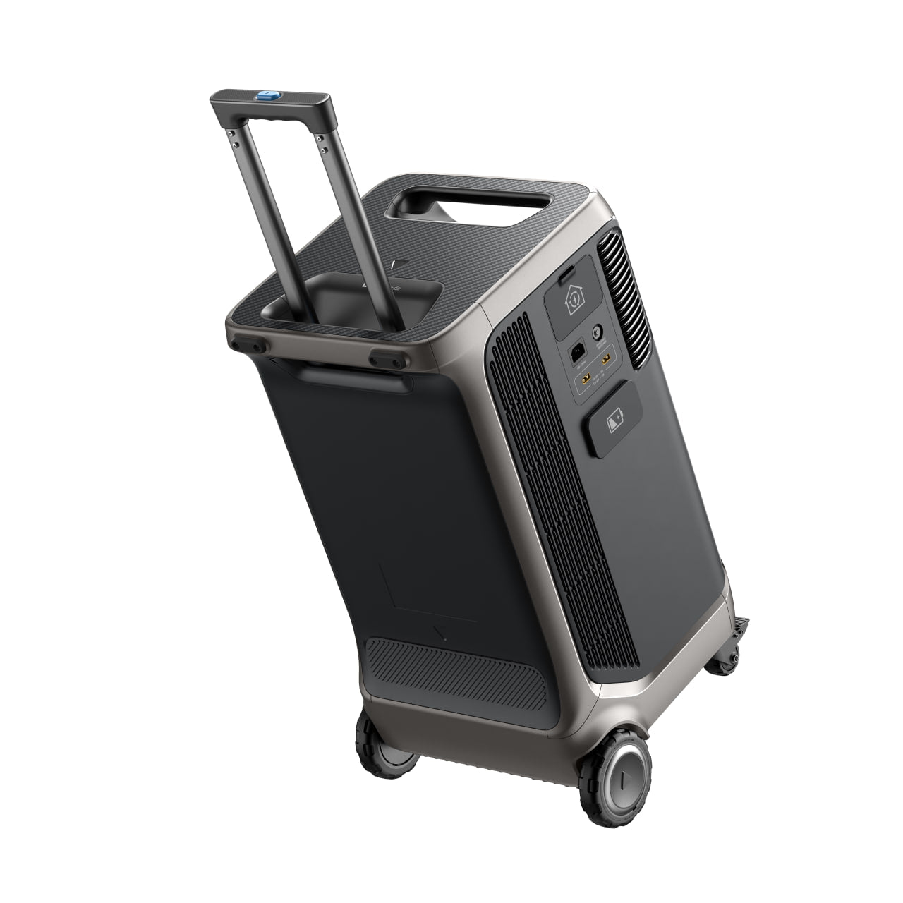 A portable, black and gray Anker Solix F3800 power station with expandable capacity, wheels, telescopic handle, multiple outlets, and side air vents, resembling a compact suitcase.