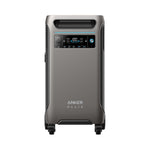 Front view of the Anker Solix F3800 power station, showcasing a digital display, control buttons, wheels for easy mobility, and solar input for charging convenience anywhere.