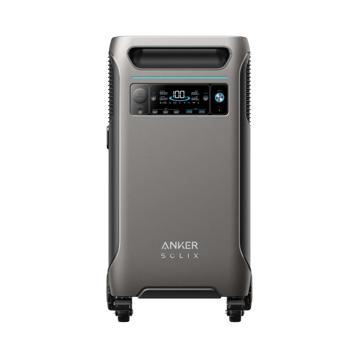 Front view of the Anker Solix F3800 power station, showcasing a digital display, control buttons, wheels for easy mobility, and solar input for charging convenience anywhere.