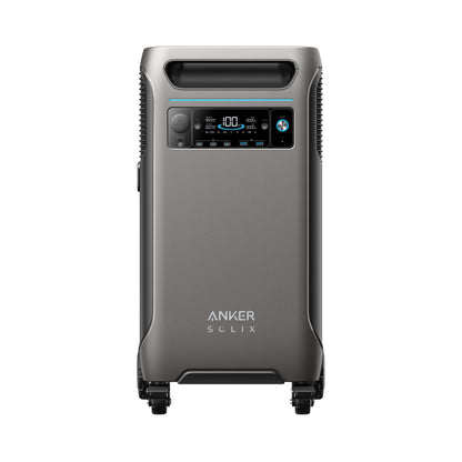 Front view of the Anker Solix F3800 power station, showcasing a digital display, control buttons, wheels for easy mobility, and solar input for charging convenience anywhere.