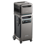 The Anker Solix F3800 is a tall, rectangular power station with wheels and a handle, featuring the Anker logo, digital display for energy monitoring, control buttons, and multiple front ports.