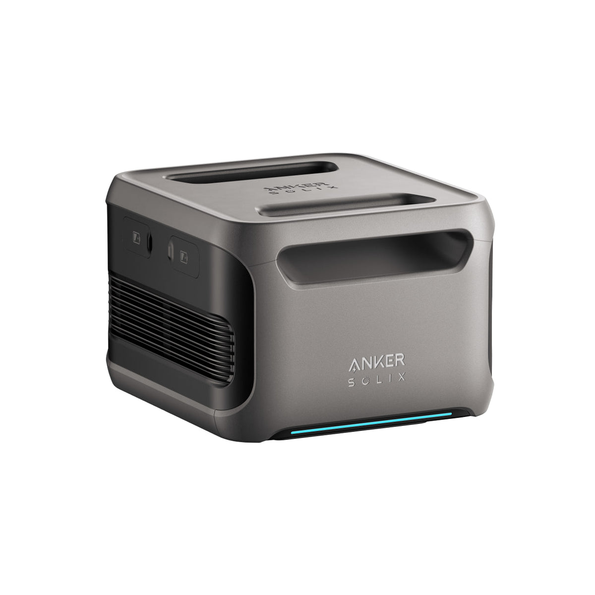 Anker’s compact gray SOLIX portable power station features expandable capacity, a top handle, side vent and control buttons, with the Anker logo on the front, all set against a white background.