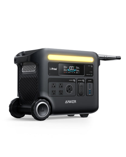 A black Anker portable power station features wheels, a handle, multiple outlets, a digital display, front panel buttons and ports, plus a yellow LED light strip above the controls for battery capacity monitoring.