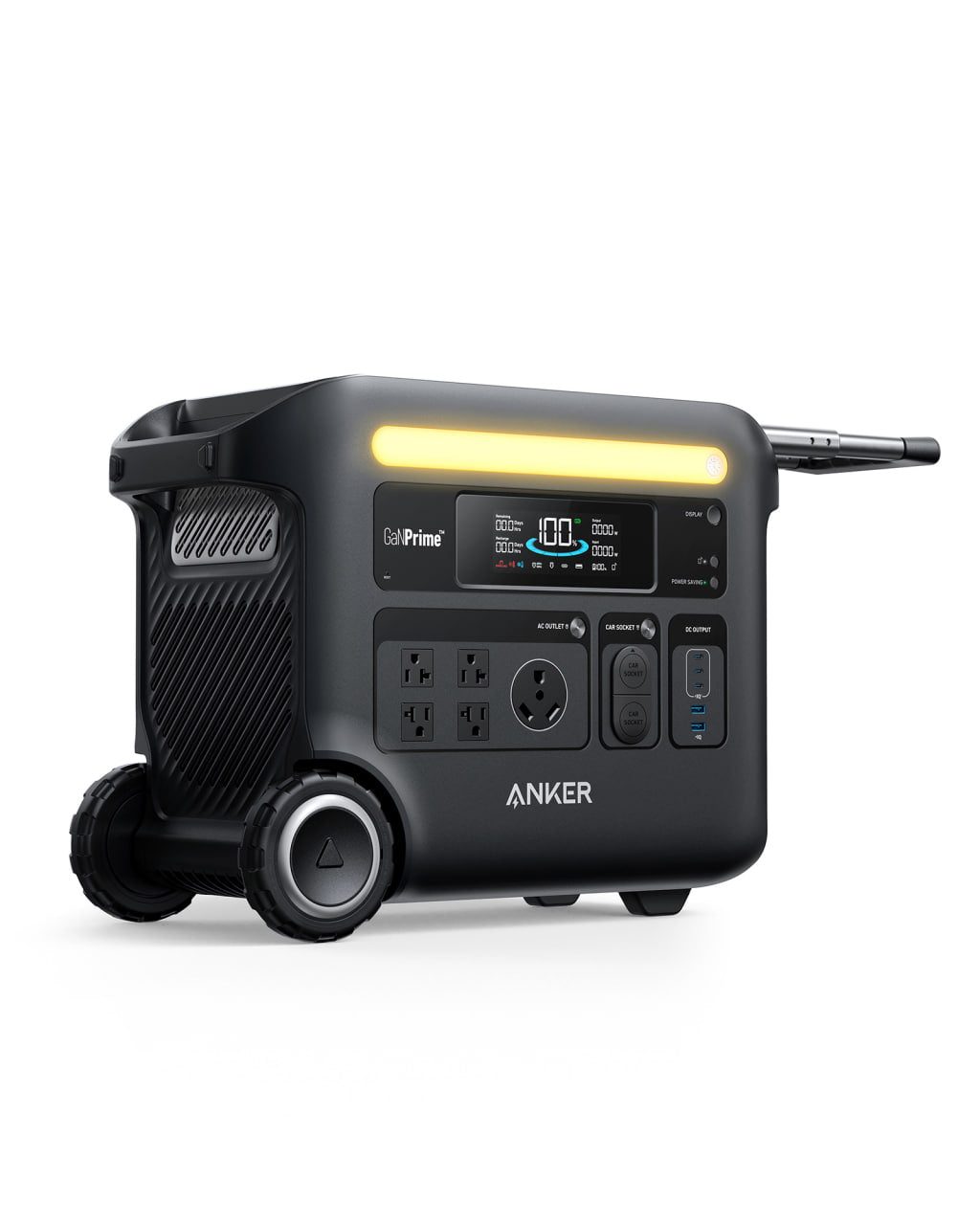 The Anker portable power station in black offers wheels, a handle, multiple outlets and ports, solar input, a digital display, and a front-facing horizontal LED strip—ideal for dependable home backup power.
