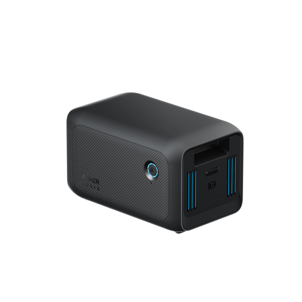 A compact, rectangular black Anker Portable Power Station with blue accents, a side circular button, and multiple ports on one end for solar charging, shown against a white background.