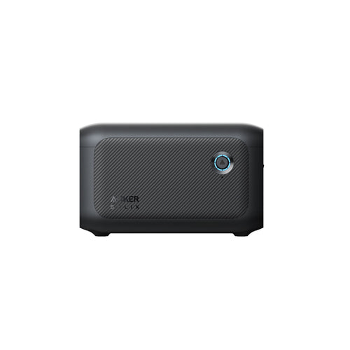 A black, rectangular Anker portable power station with a textured front panel, blue circular power button, solar charging capability, and Anker logo is displayed against a plain white background.