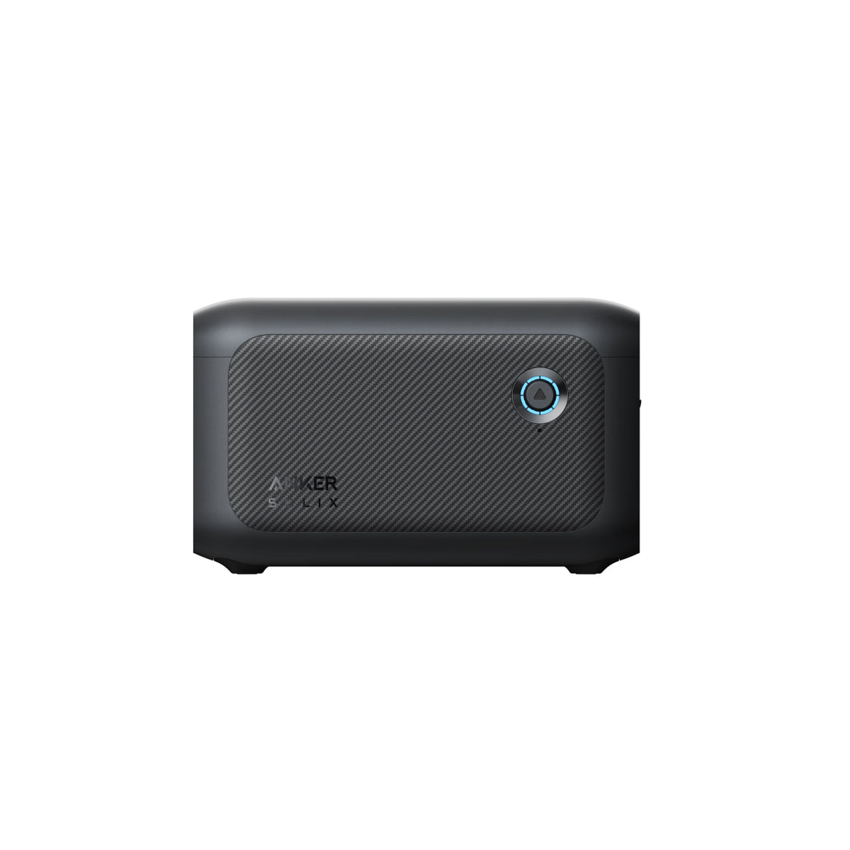A black, rectangular Anker portable power station with a textured front panel, blue circular power button, solar charging capability, and Anker logo is displayed against a plain white background.