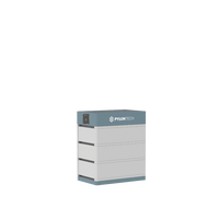 A rectangular Pylontech battery storage unit with a gray and blue top, white front, black horizontal lines, and the Pylontech logo near the top stands upright against a plain white background.