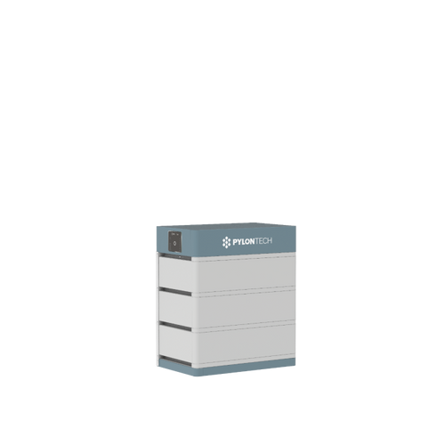 A rectangular gray and white Pylontech high voltage battery storage unit with a blue top panel and the Pylontech logo, designed for modular flexibility, stands alone on a white background.