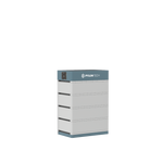 Pylontechs rectangular, stackable battery module features a blue top, white body with horizontal lines, modular high-voltage storage, and the Pylontech logo on the front. A black power connector is positioned at the top left.