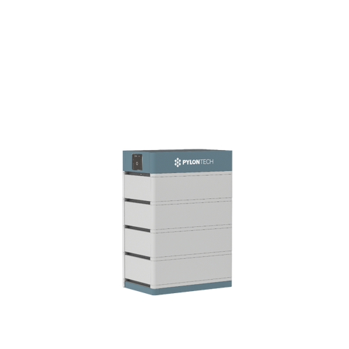 The Pylontech battery storage unit has a blue top panel with the Pylontech logo and a sleek, stackable rectangular design featuring horizontal black lines, offering modular flexibility for high voltage battery storage solutions.