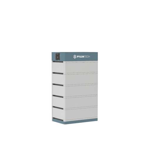 A rectangular gray and blue high voltage battery storage unit by Pylontech, with horizontal black lines on its modular sections and the Pylontech logo on the top front panel, designed for flexible energy solutions.