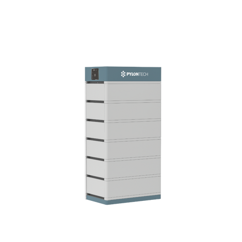 The Pylontech high voltage battery storage unit features a tall, rectangular gray body with horizontal black lines, a blue top section with the Pylontech logo, and offers modular flexibility to meet diverse energy requirements.