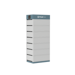A tall, rectangular silver and blue high voltage battery storage unit by Pylontech, featuring stacked modules divided by black lines for enhanced modular flexibility, with the Pylontech logo displayed at the top.