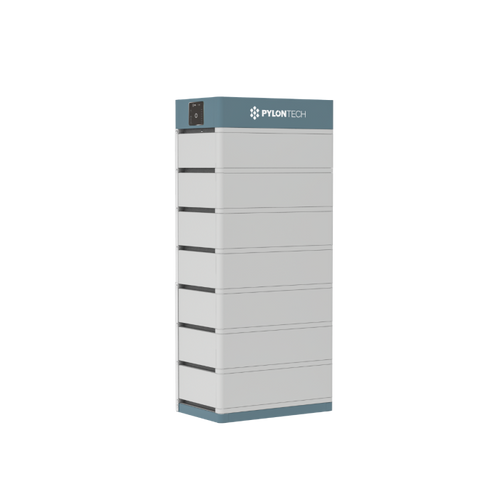 A tall, rectangular silver and blue high voltage battery storage unit by Pylontech, featuring stacked modules divided by black lines for enhanced modular flexibility, with the Pylontech logo displayed at the top.