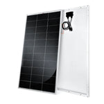 Two views of the Rich Solar high-efficiency solar panel: the front shows dark photovoltaic cells in a grid layout, while the back features a white surface with a black junction box and wires—perfect for off-grid use.