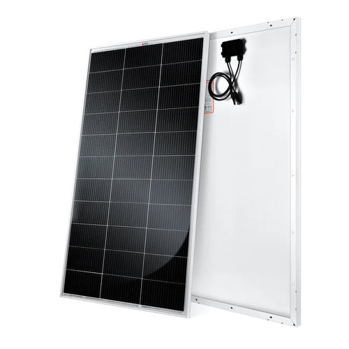 Two views of the Rich Solar high-efficiency solar panel: the front shows dark photovoltaic cells in a grid layout, while the back features a white surface with a black junction box and wires—perfect for off-grid use.