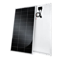 Two views of the Rich Solar high-efficiency solar panel: the front shows dark photovoltaic cells in a grid layout, while the back features a white surface with a black junction box and wires—perfect for off-grid use.