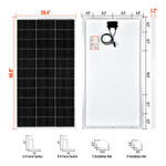 Front and back views of the Rich Solar high efficiency panel with labeled dimensions: 48.0 x 26.4 x 1.2 inches. Cross-section diagrams show frame details and installation holes, making it ideal for off-grid applications.