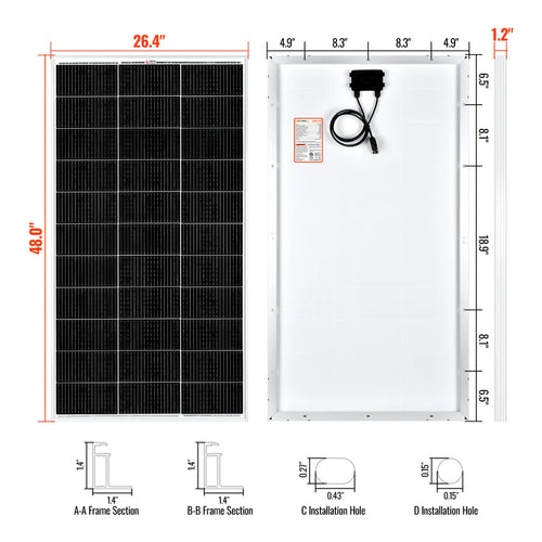 Front and back views of the Rich Solar high efficiency panel with labeled dimensions: 48.0 x 26.4 x 1.2 inches. Cross-section diagrams show frame details and installation holes, making it ideal for off-grid applications.